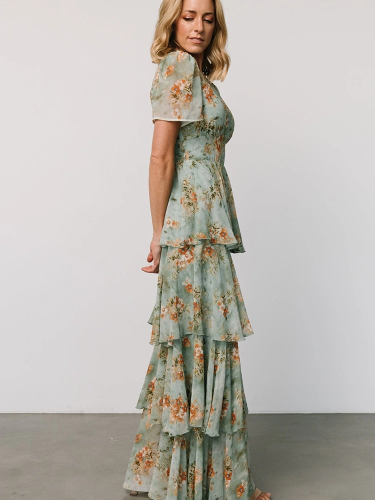 Ruffled Layered Pleated Print Maxi Dress