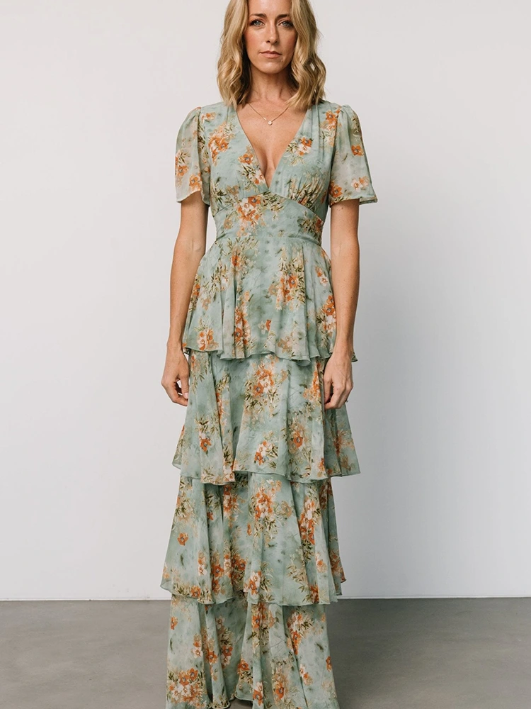 Ruffled Layered Pleated Print Maxi Dress