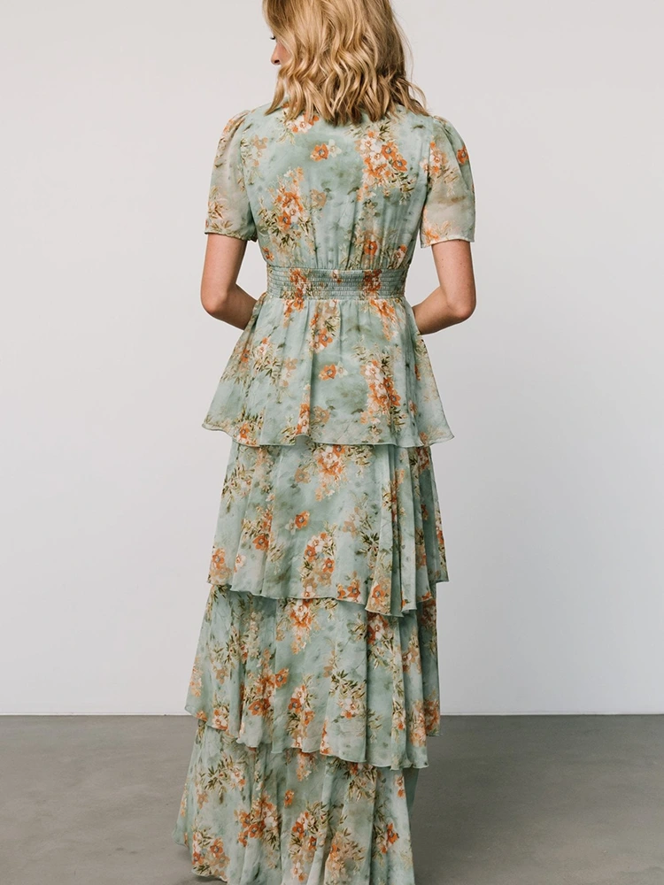 Ruffled Layered Pleated Print Maxi Dress