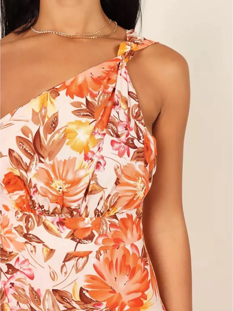 Floral Print One-Shoulder Long Dress