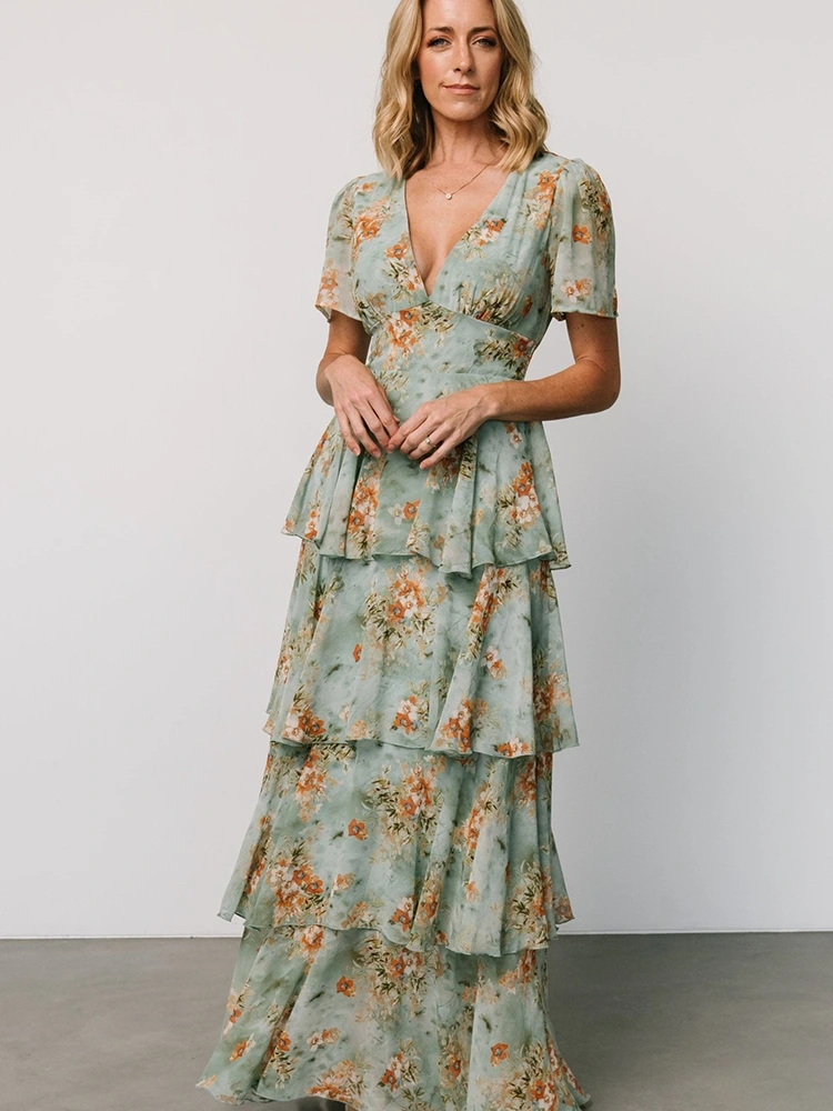 Ruffled Layered Pleated Print Maxi Dress